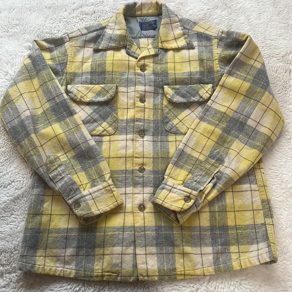Vintage Pendleton Board shirt, yellow and gray plaid, 1950s - 60s style, medium.
